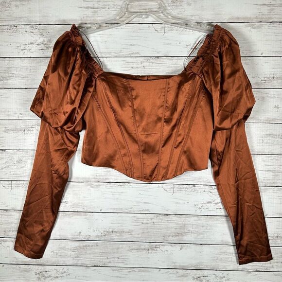 Papermoon Buckle Puff Sleeve Satin Copper Corset Cropped Top M NWT $43 - Picture 3 of 9